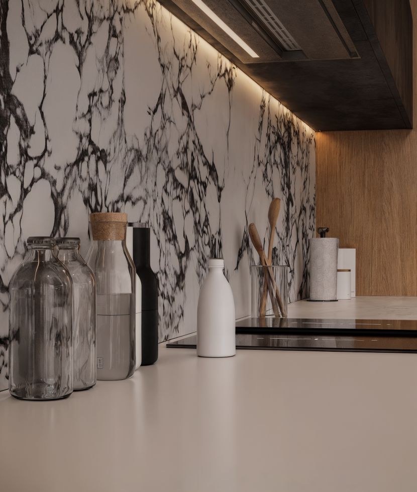 Minimal Room Rendering by Tina Tajadood rendered at RebusFarm: kitchen detail shot