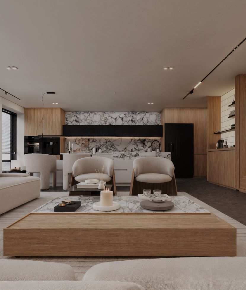 Minimal Room Rendering by Tina Tajadood rendered at RebusFarm: living room and kitchen