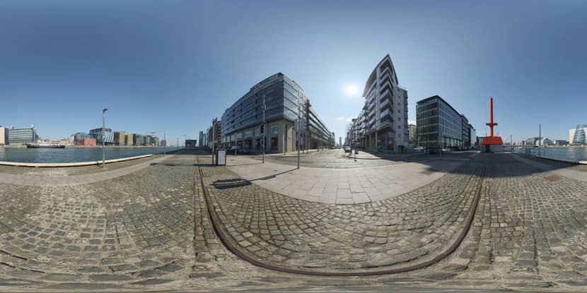 HDRI environment map of a sunny city waterfront in 360-degree equirectangular projection