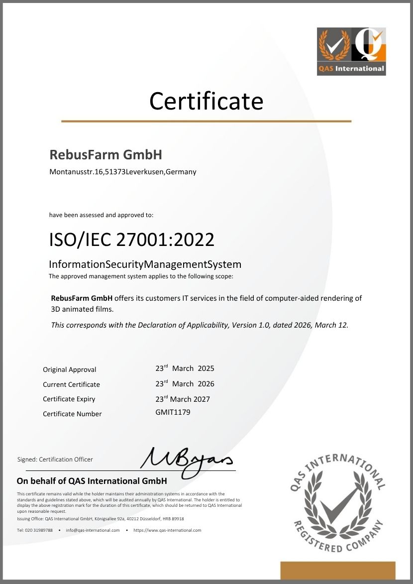 ISO 27001 certificate RebusFarm render farm 2026 PDF
